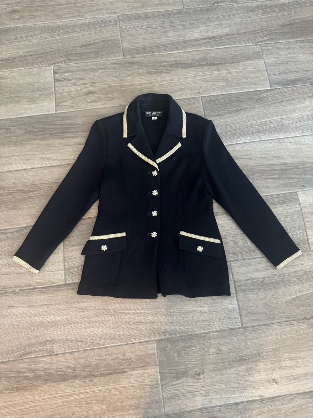 St. John Black Knit Blazer with gold and rhinestone Trim